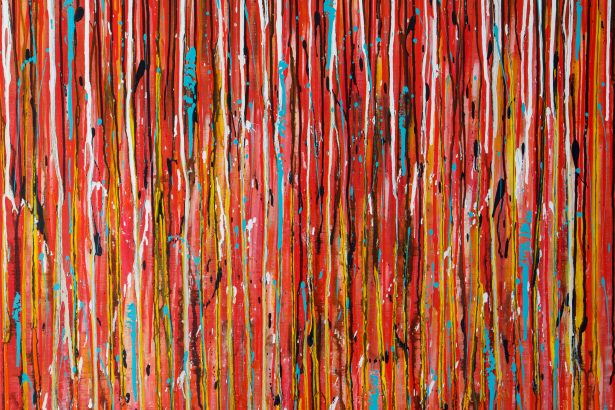 A red abstract with lots of vertical marks and lines.