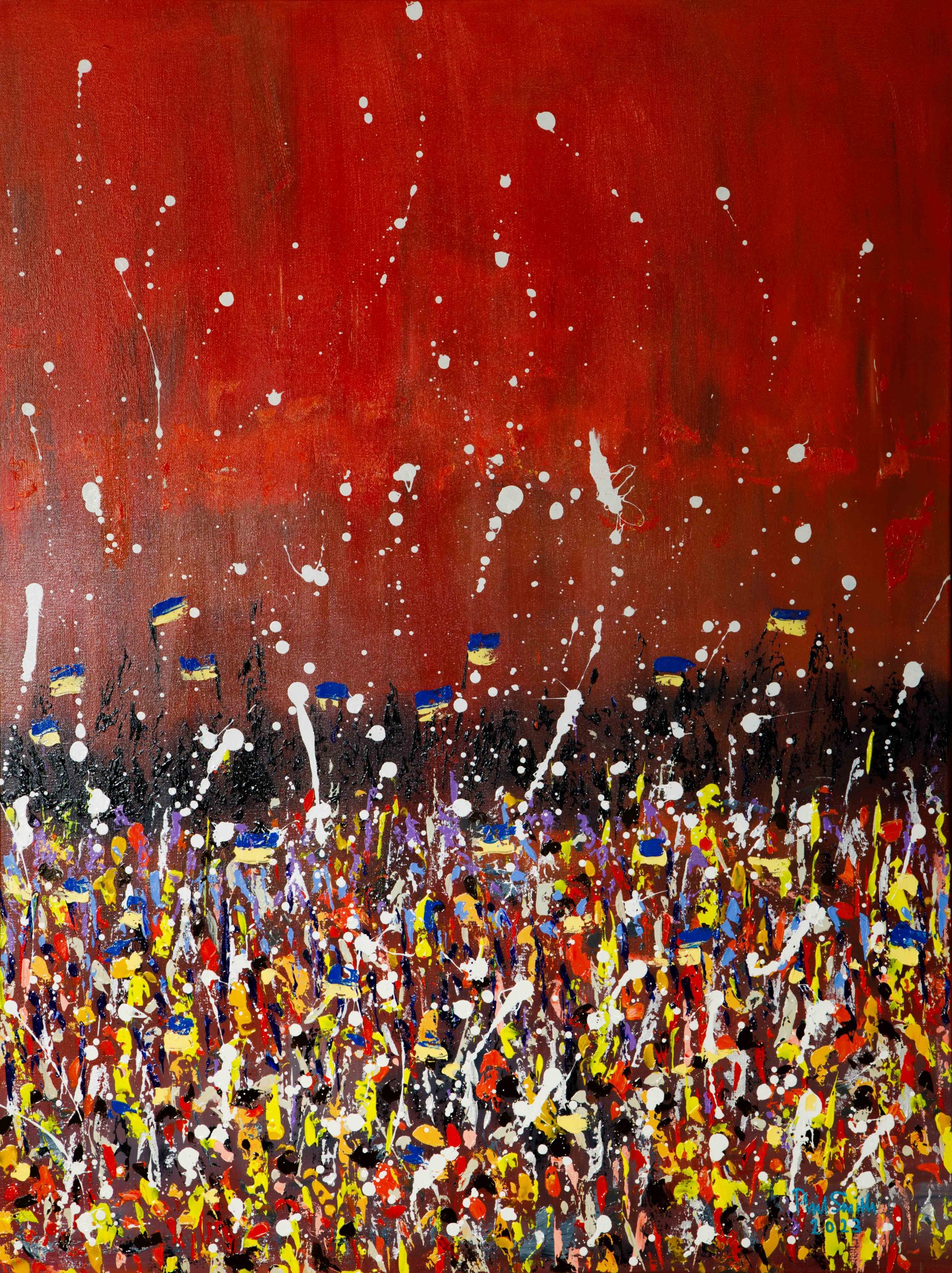 A highly abstracted Festival scene, imagining the end of the war in Ukraine. Ukraine flags are visible. The main colours are blue and yellow against a red background.