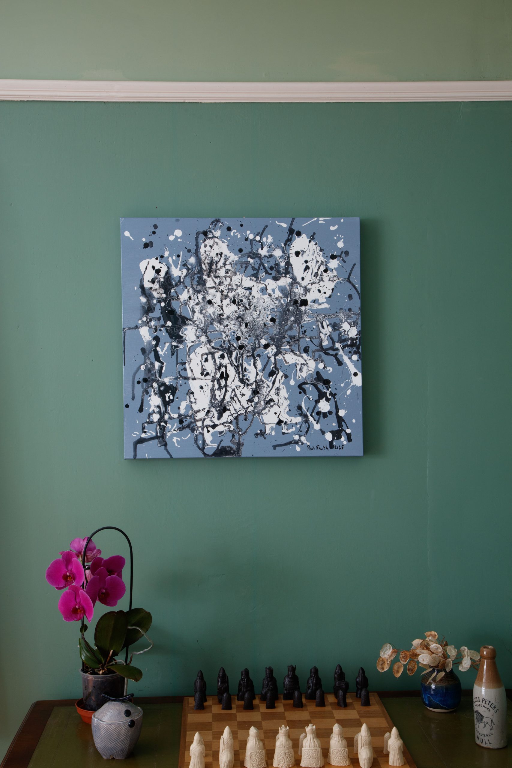 A monochrome abstract painting.